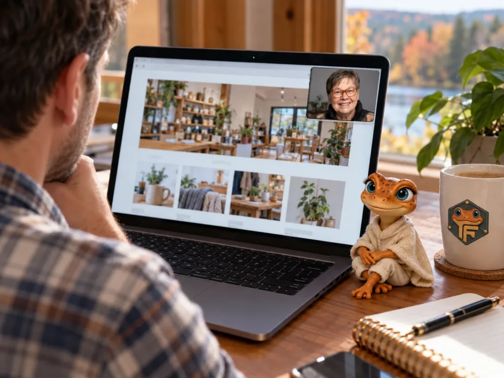 Valérie sur Zoom regarde le site d'un client en partage d'écran