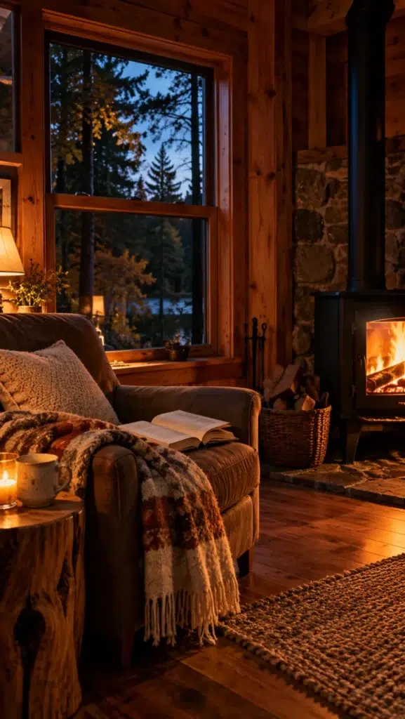Démonstration fictive du site Refuge sur cellulaire : un salon de chalet avec poêle à bois, fauteuil, livre ouvert et lac par la fenêtre