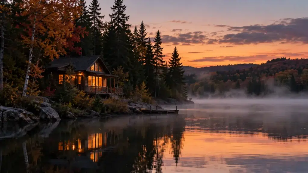 Démonstration fictive du site Refuge : un chalet éclairé au bord d'un lac des Laurentides, au coucher du soleil, en automne