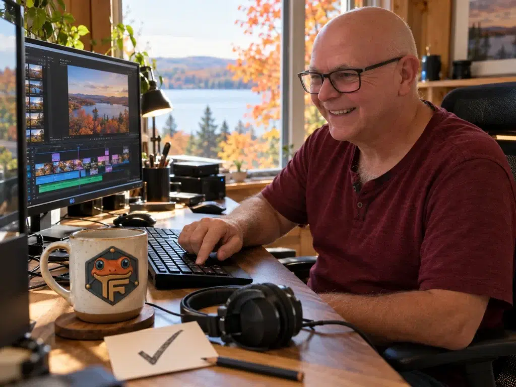 Daniel Chaput termine un Sprint de Froggy à son poste de montage vidéo, une fiche cochée sur le bureau